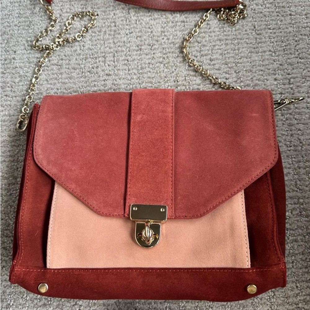 Sezane Two-Tone Suede Crossbody in Rust and Blush Pink